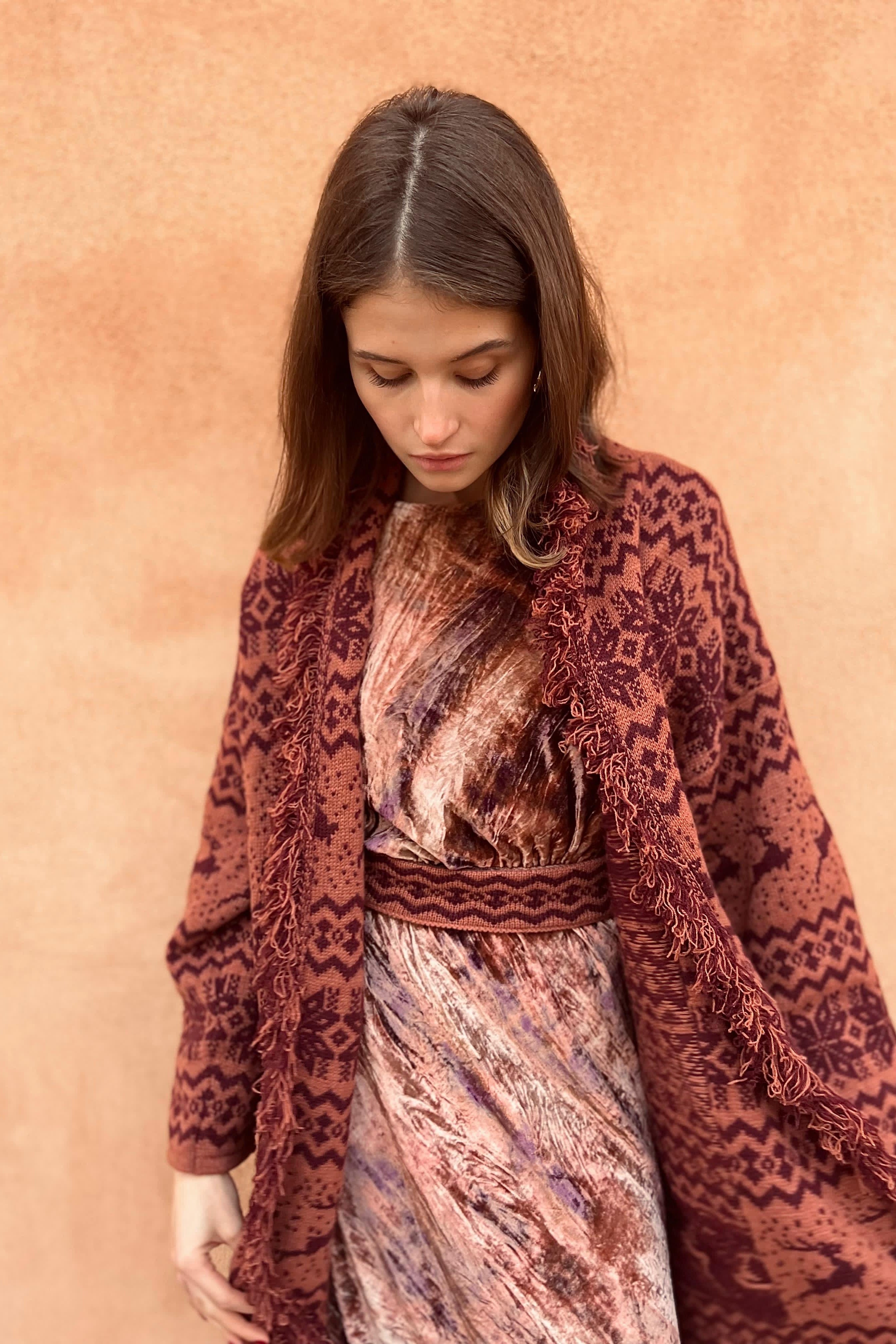 Jacquard coat with fringes - reindeer pattern