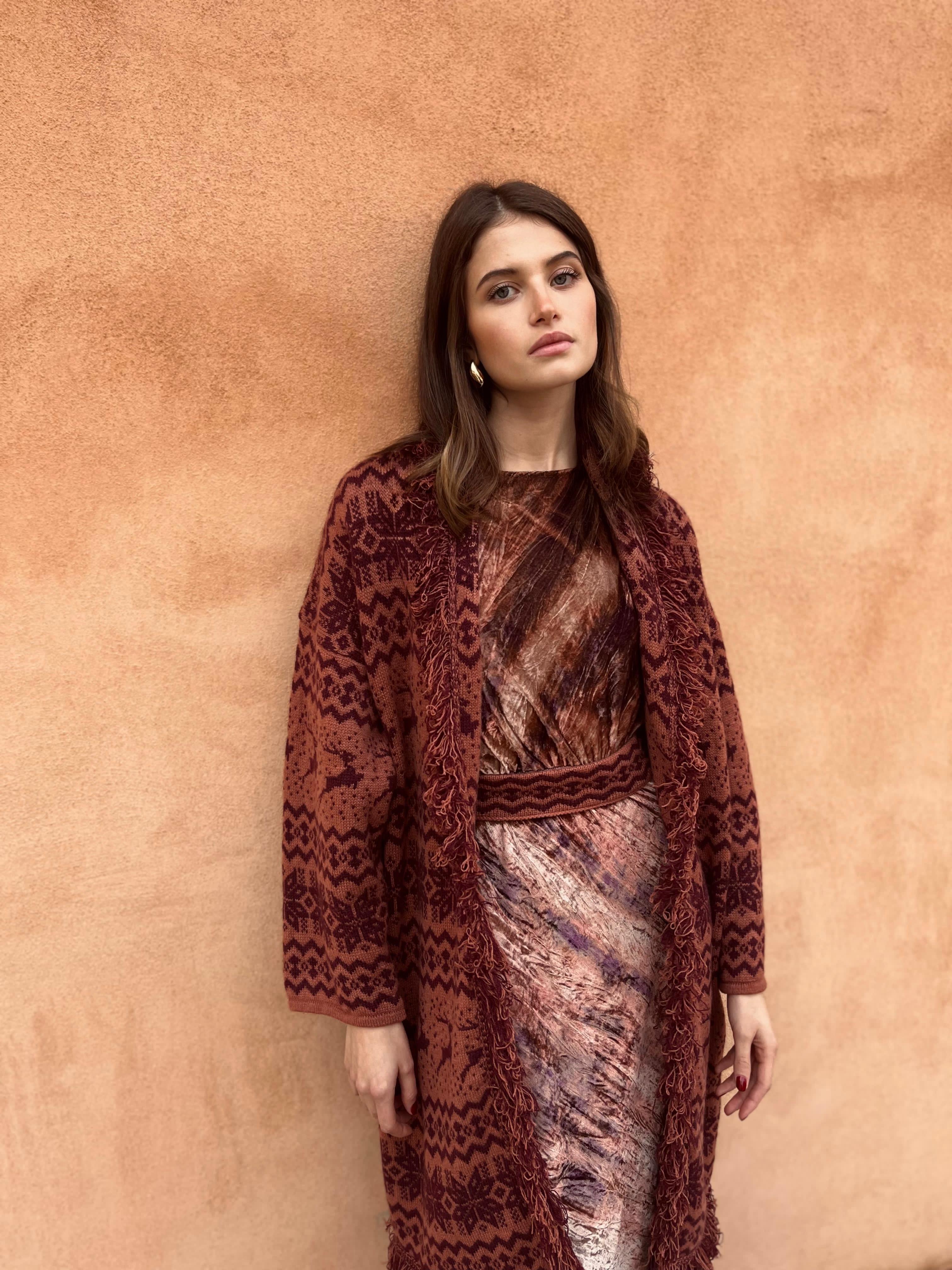 Jacquard coat with fringes - reindeer pattern