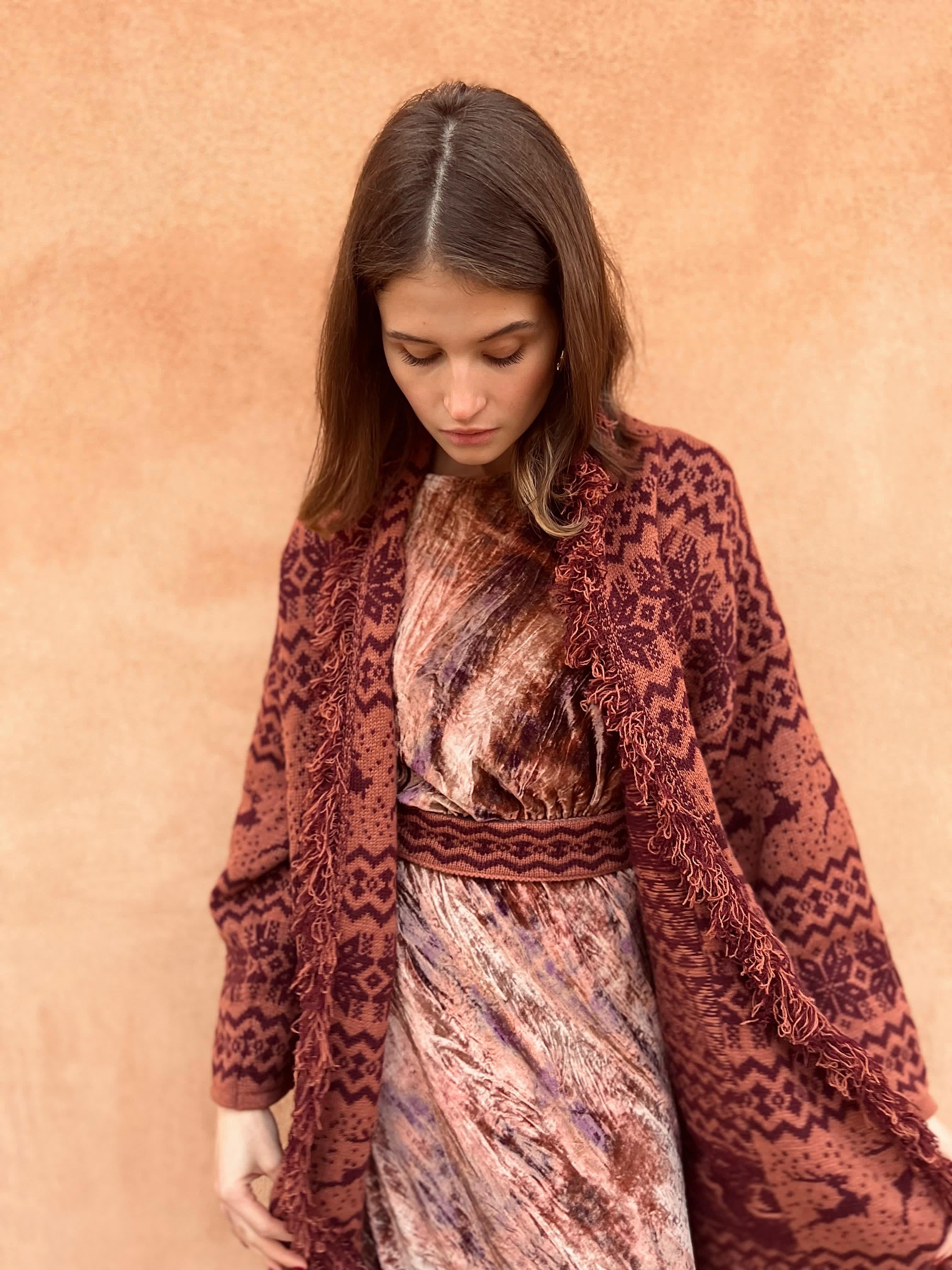 Jacquard coat with fringes - reindeer pattern